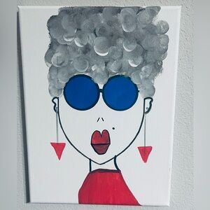 Contemporary Mixed Media Portrait Canvas in Blue, Red and Gray